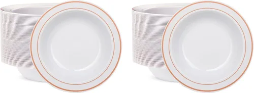 Miniatura 8 de WDF 60 cuencos de plástico desechables de 12 onzas, cuencos de ensalada con ribete de oro rosa, platos de plástico resistentes de alta calidad
