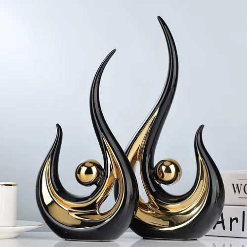 Miniatura 7 de XMGZQ 2 piezas Estatua de Arte Abstracto Moderno en Negro y Oro para Decoración de Mesa, Elegante Estatua de Cerámica para Acento de Decoración