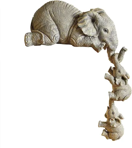 Juego de 3 estatuas de elefante, resina para colgar 2 elefantes en el borde, escultura de elefantes de la suerte colgando del borde de un estante o