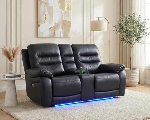 Miniatura 39 de Juego de 3 piezas para sala de estar, sofá reclinable eléctrico de cuero con puertos USB, iluminación LED y portavasos, asientos de cine en casa