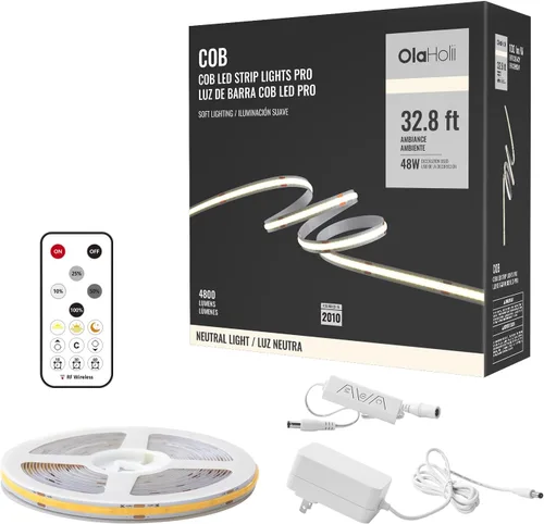 Tira de luz LED COB de 32.8 pies con control remoto, 4000K Ra93+ regulable brillante luz LED COB tira de luz blanca continua para espejo, escalera,