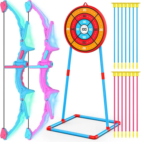 Miniatura 9 de Paquete de 2 conjuntos de arco y flecha para niños, conjunto de tiro con arco con luces con 14 flechas de ventosa, objetivos de tiro con arco