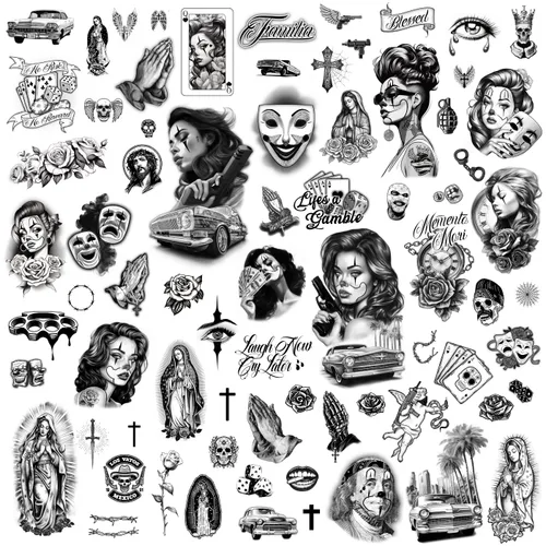 Los Vatos Chicano Bundle - Tatuajes temporales Cholo y Chola para hombres y mujeres, Payasa, Lowrider, Virgen María, Oración, Cruz, Chicana,