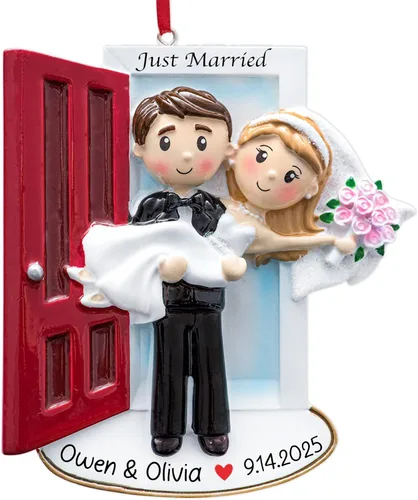 Miniatura 13 de Adorno personalizado de nuestro primer matrimonio de Navidad 2026 Pareja recién casada en auto de boda vintage para árbol de Navidad Regalo