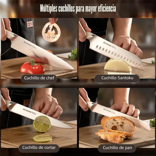 Miniatura 7 de Astercook Juego de cuchillos de cocina con bloque y afilador Premium de espiga completa 17 piezas, cuchillos de acero inoxidable alemán aptos