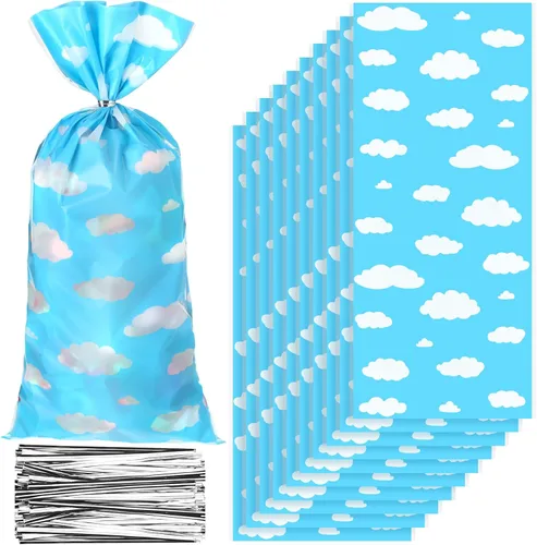 Outus 100 bolsas de regalo para fiesta de juguete, cielo azul, nubes blancas, bolsas de regalo de cielo azul con lazos giratorios para niños y