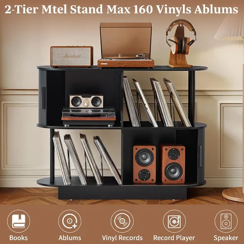 Miniatura 5 de Soporte moderno para tocadiscos con almacenamiento de vinilo, soporte de almacenamiento para tocadiscos negro de 40 pulgadas con puerta corredera