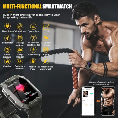 Miniatura 3 de Relojes inteligentes para hombres, reloj de fitness de 1.71 pulgadas con monitor de presión arterial de frecuencia cardíaca, reloj inteligente