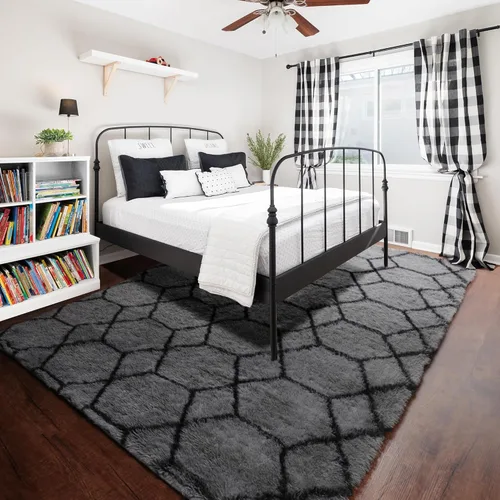 Miniatura 8 de ONASAR - Alfombras de 6 x 9 pies para sala de estar y dormitorio, alfombra grande lavable, esponjosa, gris y negra, alfombra de pelo largo suave