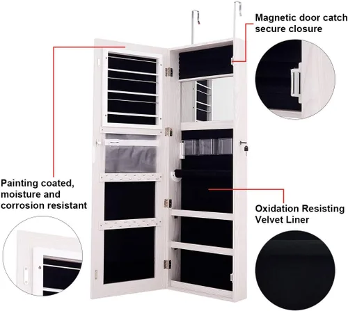 Miniatura 6 de Giantex Armario de joyería montado en la pared armario de joyería con cerradura con pantalla completa espejo más grande y ancho de 16 pulgadas caja