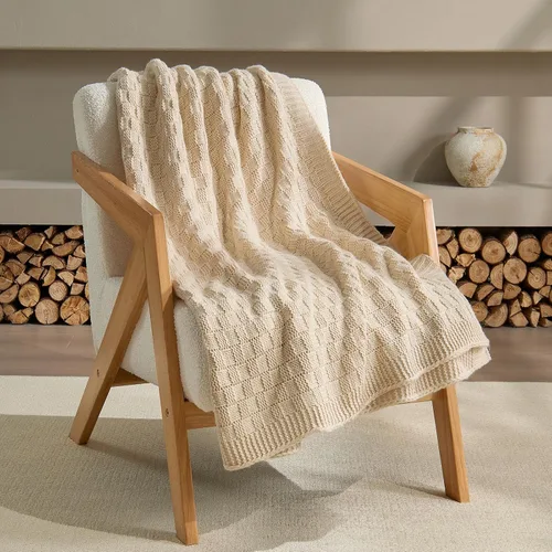 Miniatura 6 de Manta de punto beige para sofá, manta de punto de tablero de ajedrez beige para cama, manta de punto reversible suave y acogedora, 50 x 60 pulgadas