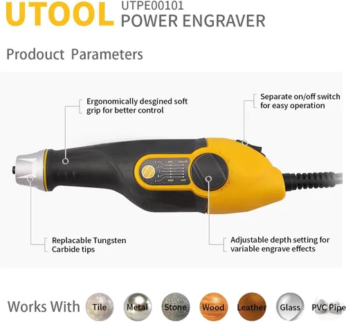 Miniatura 3 de UTOOL Bolígrafo grabador con plantilla de letra/número, herramienta de grabado de mano de 24 W para grabado de vidrio de metal y madera con 4 brocas