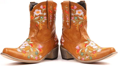 Miniatura 4 de SO SIMPOK Botas vaqueras para mujer, botas occidentales con bordado de flores, tacón grueso retro, botines cortos para montar