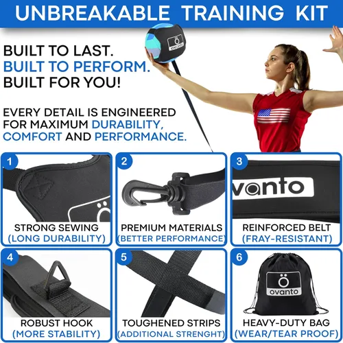 Miniatura 6 de OVANTO Equipo de entrenamiento de voleibol – Rebotador de práctica ajustable en 4 estilos para sacar, rematar, colocar y pasar como un profesional