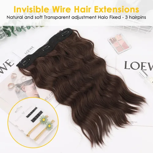 Miniatura 2 de Extensiones de cabello con alambre invisible con alambre transparente, tamaño ajustable, 3 clips de seguridad, largo, ondulado, sintético, postizo