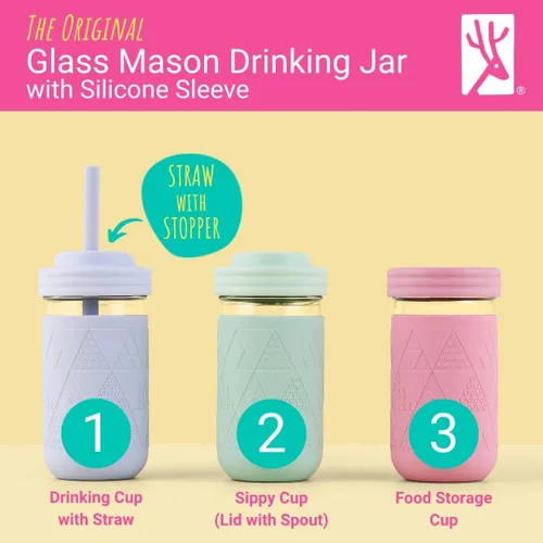 Elk and Friends - Vasos de vidrio para niños y niños pequeños | El tarro Mason de vidrio original de 12 oz con fundas + tapas | Sorbetes de silicona
