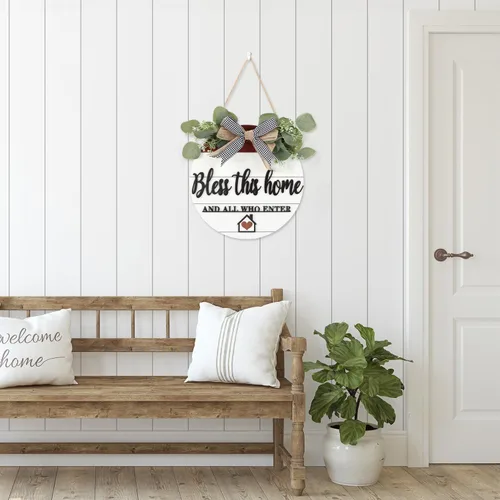 Miniatura 4 de TOARTi Letrero 3D de madera "Bless This Home" para colgar en la puerta, señal de bienvenida para porche y pared con lazo-nudo y guirnalda, señal