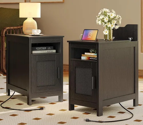 Miniatura 12 de Huuger Mesita de noche estrecha, mesa auxiliar con estación de carga, puerto USB-C, mesa auxiliar de ratán con gabinete y estante abierto, ratán