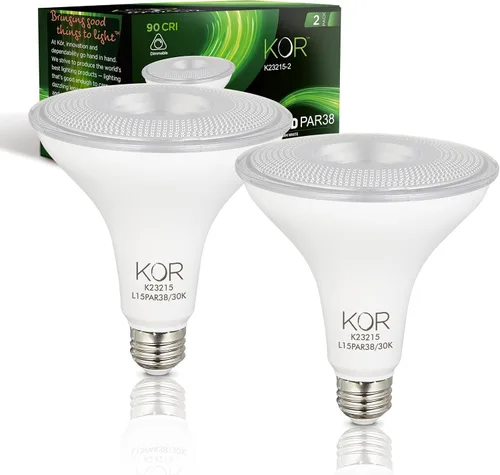 KOR Bombillas de Luz de Inundación LED PAR38, Paquete de 2, Regulables Equivalente a 100W, 3000K Blanco Cálido, Interior y Exterior Bombilla de Foco