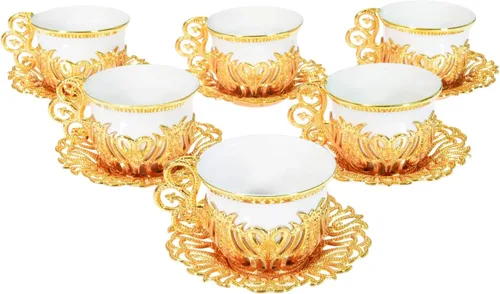 Miniatura 4 de Alisveristime Juego de tazas de café turco, porcelana blanca y metal de zinc con motivos turcos, 6 tazas y platillos (dorado)