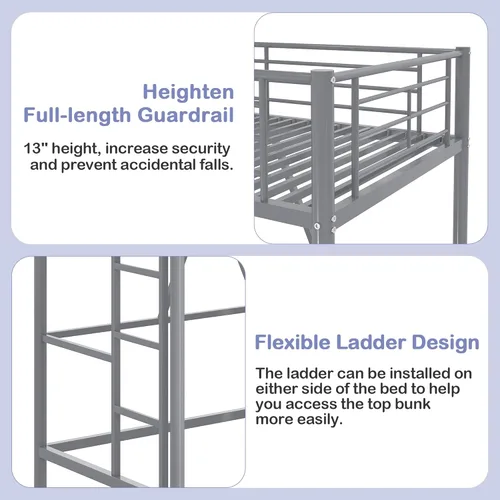 Miniatura 5 de VECELO Cama tipo loft tamaño individual, marco de cama de metal con escalera extraíble y barandilla de seguridad, no necesita somier, ahorro de Gris