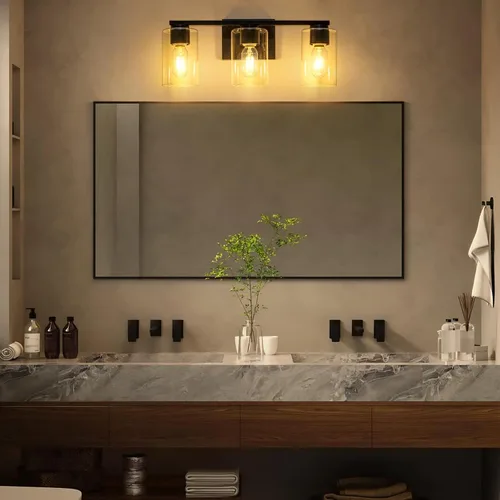 Miniatura 7 de WILON Lámpara de tocador de baño, 3 luces de tocador modernas de color negro claro con apliques de pared de vidrio transparente con vidrio