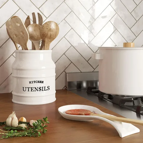 Miniatura 3 de Barnyard Designs Soporte de Utensilios de Cerámica de Granja para Encimera de Cocina, Vajilla Rústica Grande, Organizador de Herramientas de Cocina