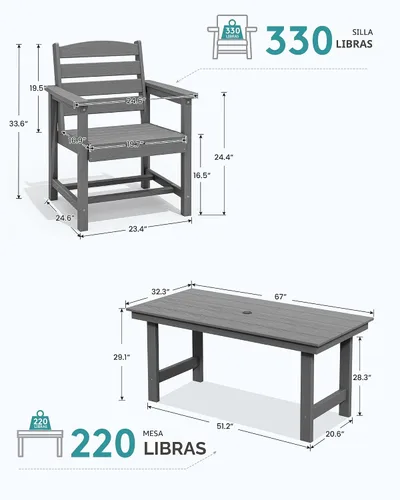 Miniatura 4 de SERWALL Juego de Mesa de Comedor de HDPE para Exteriores, Juego de 7 Piezas de Mesa de Comedor al Aire Libre con Mesa con Corte para Agujero de Gris