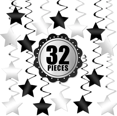 Miniatura 5 de KatchOn, Remolinos colgantes de estrellas negras y plateadas, paquete de 32, decoraciones de techo de estrella para cumpleaños, remolinos