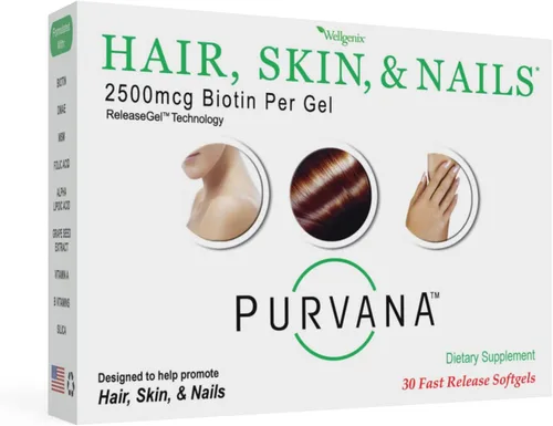 Wellgenix Purvana Suplemento para la piel y las uñas – 2500 mcg de biotina cápsulas blandas con MSM y complejo B – Soporte diario de belleza para