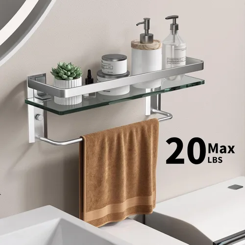 Miniatura 2 de Danpoo Estante de pared de baño con toallero, vidrio templado transparente, soporte para toallas de mano (plata mate)