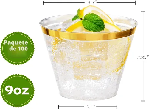 Miniatura 2 de I00000 Vasos de plástico resistentes, 9 onzas, con borde dorado, transparentes, 100 unidades, libres de BPA, desechables, para fiestas y bodas