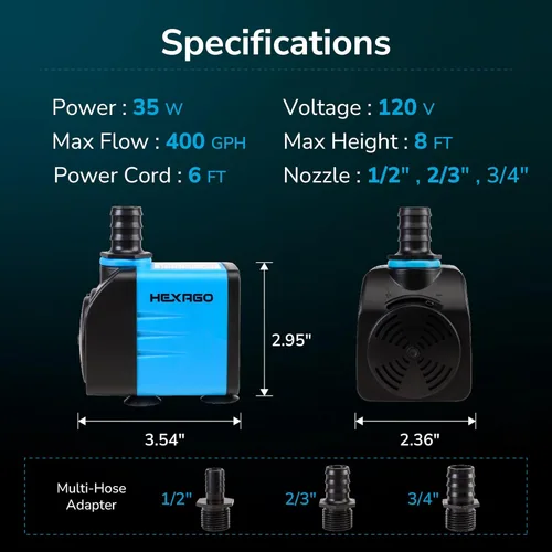 Miniatura 2 de Hexago Bomba sumergible de 400 GPH, bombas de fuente de agua ultra silenciosas con elevación de 8 pies, cable de alimentación de 6 pies, 3