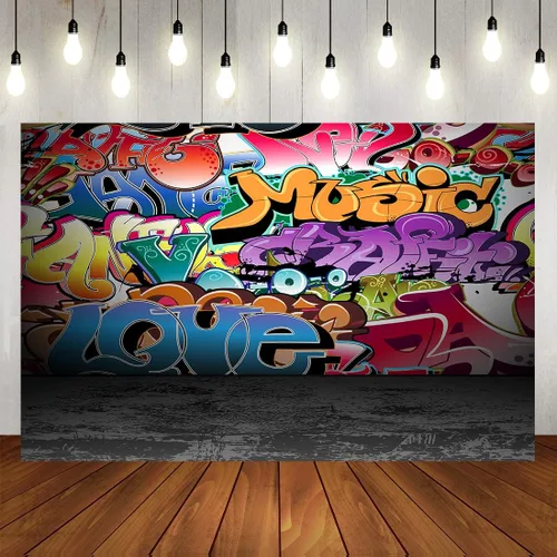 Miniatura 13 de Telones de fondo de fotografía de graffiti de 5 x 3 pies, colorido hip hop urbano temática sesión de fotos de regreso a la fiesta temática