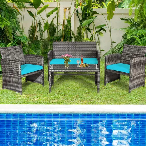 Miniatura 4 de Tangkula Juego de 4 piezas de mimbre para patio, sofás de ratán al aire libre con juego de mesa, juego de muebles de patio con cojines suaves y mesa