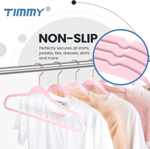Miniatura 5 de TIMMY Perchas de terciopelo antideslizantes, paquete de 50 perchas ultrafinas que ahorran espacio para trajes y abrigos, soporte para ropa Rosa