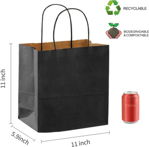 Miniatura 2 de COGLARING 100 bolsas de regalo negras con asas, bolsas de papel kraft de 11 x 5.9 x 11 pulgadas para fiestas, compras, comestibles y comida