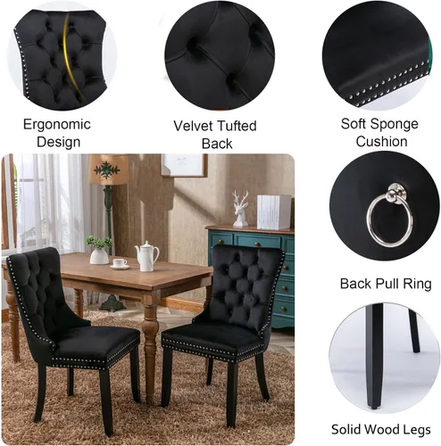 Miniatura 8 de Juego de 4 mesas de comedor extensibles, mesa de comedor ovalada negra y 4 sillas de comedor de terciopelo negro con patas de madera, juego de mesa