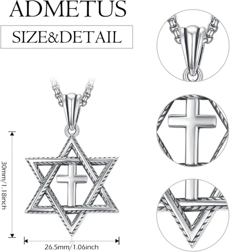 Miniatura 2 de ADMETUS Regalos para el día de San Valentín para él, collar de estrella de David de plata de ley 925, colgante hexagonal de estrella judía Estrella