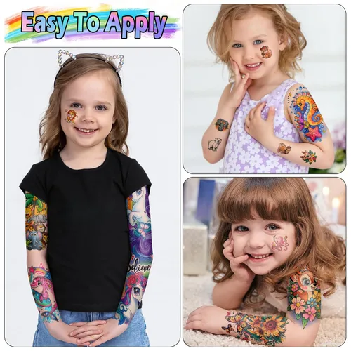 Miniatura 4 de 52 hojas de tatuajes temporales para niños, manga completa, dinosaurio, unicornio, tiburón, delfines, elefante, animal, cara, tatuajes falsos