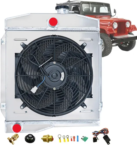 Radiador de aluminio de 3 filas para Jeep Willys 1955-1958, 1959-1971 Jeep CJ3 CJ5 CJ6 2.2L 3.7L 4.2L 5.0L MT (radiador de 3 núcleos+ventilador de