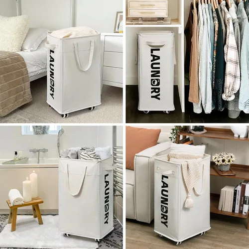 Miniatura 8 de Goodpick Cestas de lavandería con ruedas y asa, paquete de 2 cestas de lavandería plegables de 75L, cesta de lavandería para ropa con bolsas