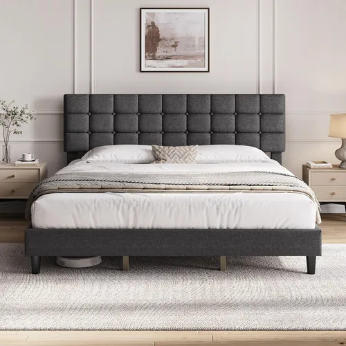 Miniatura 10 de Yaheetech Marco de Cama Tapizado, Plataforma de Cama Queen Moderna con Cabecera de Capitoné con Costuras Cuadradas y Botones, Altura Ajustable, Beige