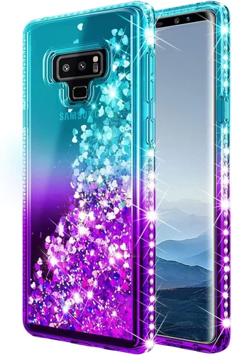 Miniatura 2 de Funda para Samsung Galaxy Note 9 con protector de pantalla (cobertura máxima, película de TPU flexible), purpurina brillante que fluye con diamantes