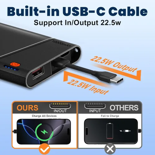 Miniatura 4 de Aaoyun Cargador portátil Power Bank, 10000mAh 22.5W PD carga rápida Powerbank con cable USB C integrado, batería externa delgada para iPhone