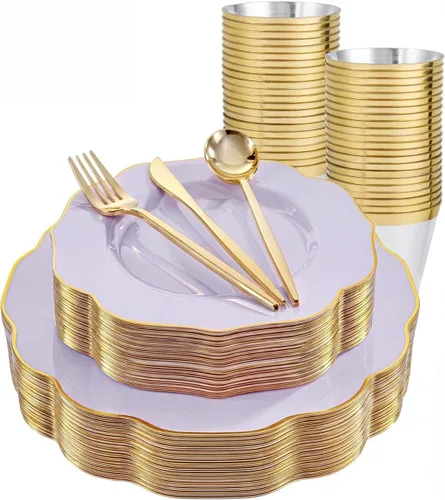 Miniatura 13 de bUCLA 180 piezas platos de plástico azul - azul marino y borde dorado desechables incluye 30 de cada uno (cena y postre) platos, 30 cuchillos, 30