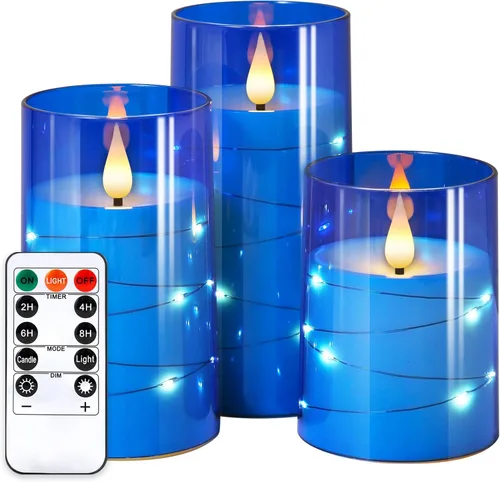 NURADA - Velas parpadeantes sin llama incluye tira luces estrellas led, llama 3D, funciona pila, no se rompe, columna acrílico, control remoto, Azul