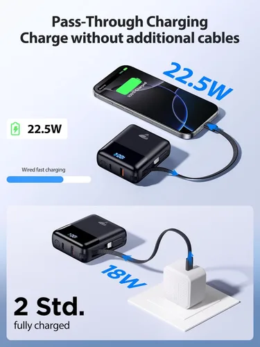 Miniatura 6 de Cargador portátil de 10000 mAh de carga rápida, batería USB C de 22.5 W con cables integrados, pequeño cargador portátil de viaje esenciales