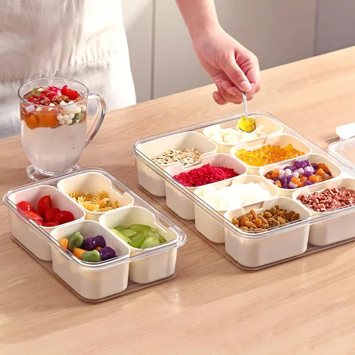 Miniatura 2 de Caja dividida para aperitivos con asa, bandeja para servir alimentos, tabla de charcutería con tapa, contenedor apilable de frutas y verduras con 8