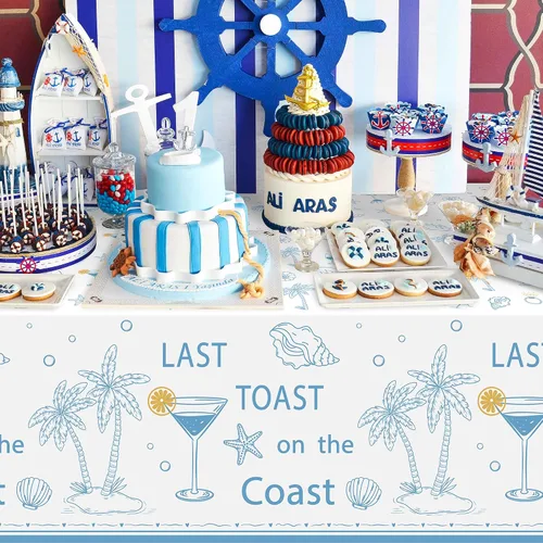 Miniatura 4 de K1tpde Mantel de plástico desechable para despedida de soltera de 3 piezas con temática costera, diseño de copa de vino azul, diseño de estrella